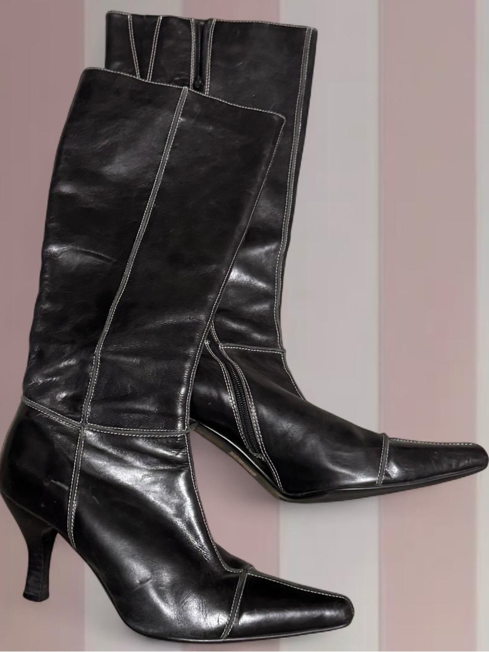 Genuine Leather Dark Brown Heeled Boots W/ Contrast Stitching